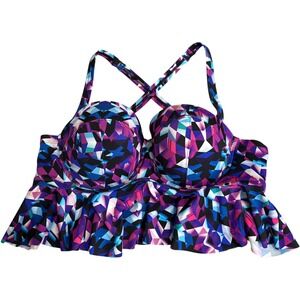 Torrid Women Size 0 Swim Top Purple Blue Geometric Underwire Peplum Flounce